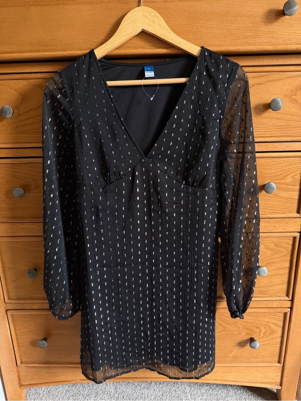 Babydoll V-Neck Womens Black Mini Dress With Silver Polka Dots Size S Tie Back